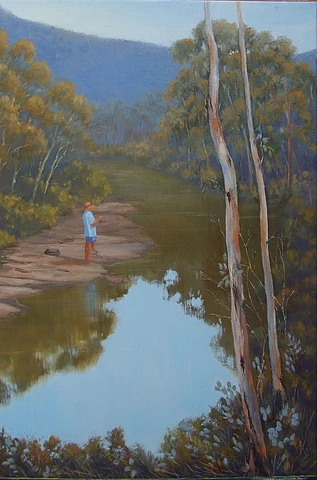 Oil painting. (SOLD)
A fisherman enjoying the quiet of the Australian bush.